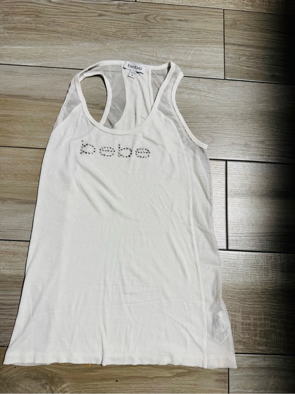 bebe White Rhinestone Logo Mesh Back Tank size M